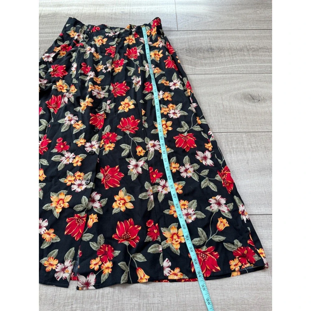 Sag Harbor Vintage Floral Button Front Midi Skirt Black Red‎ Rayon Womens Medium